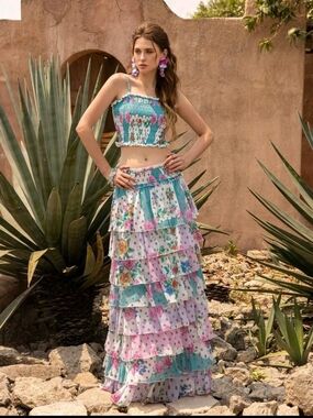 Boho Tiered Floral Maxi Skirt in Aqua Pink